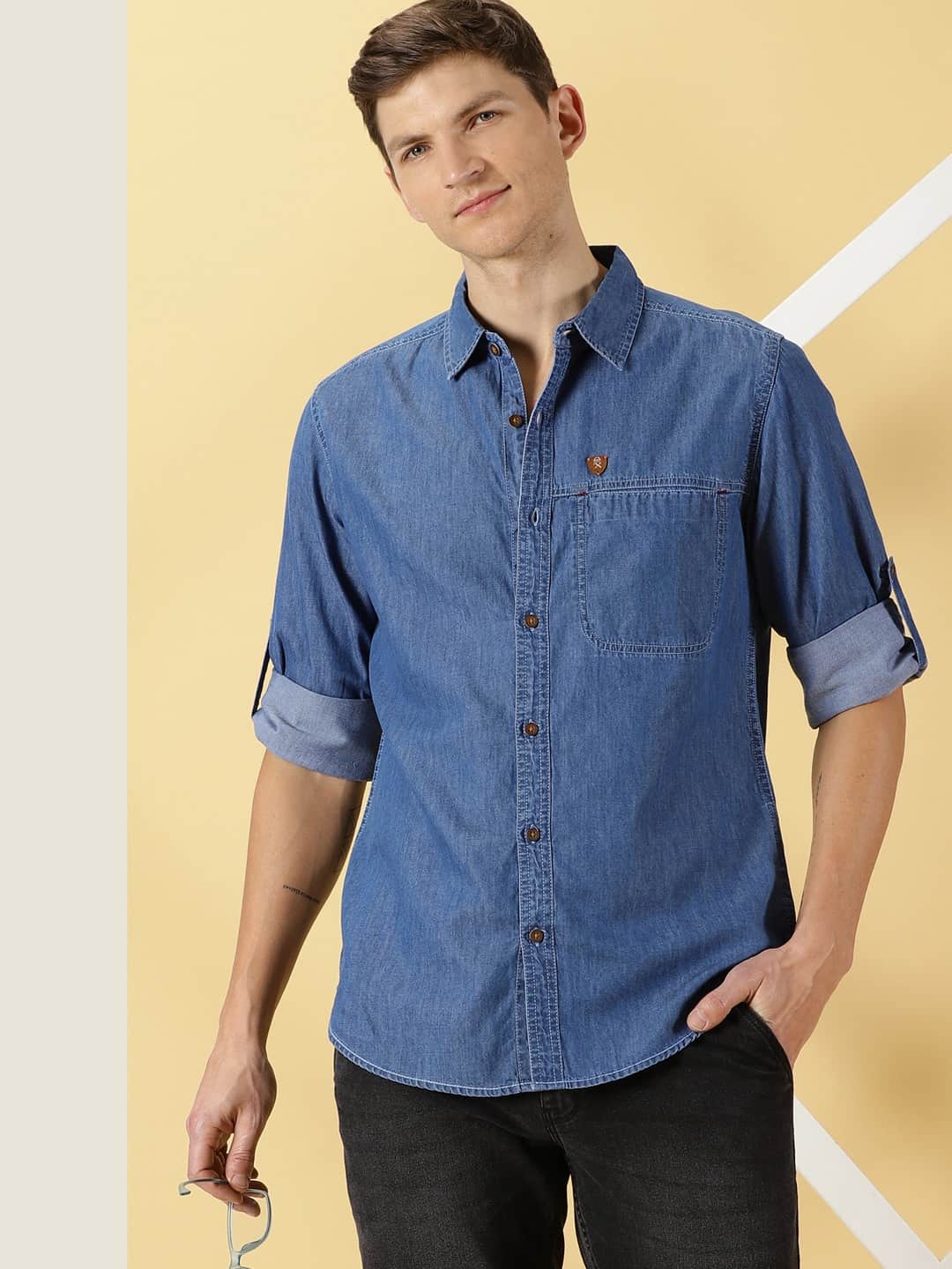 Thomas Scott Men Smart Slim Fit Spread Collar Pure Cotton Denim Casual Overdyed Shirt