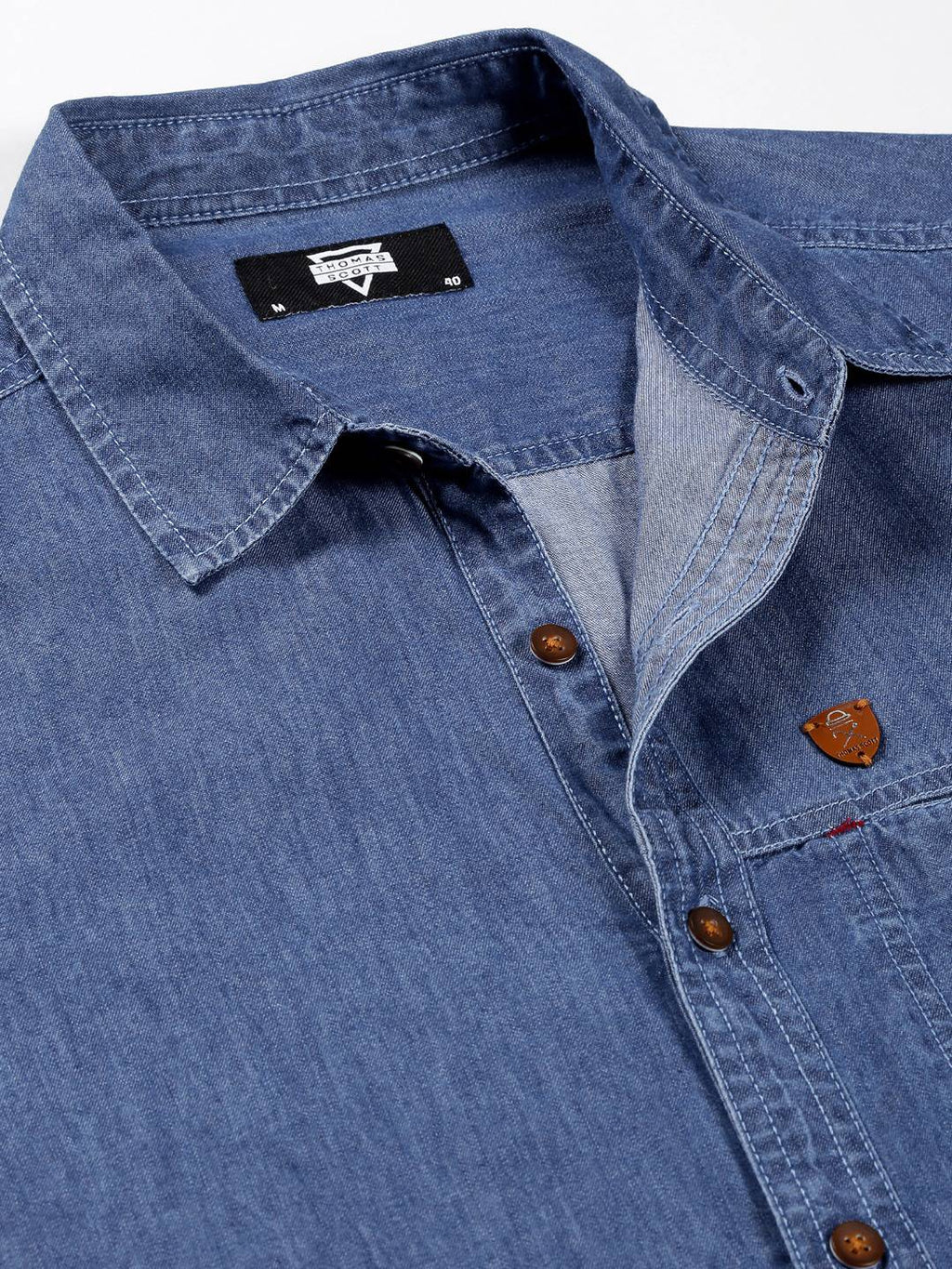 Thomas Scott Men Smart Slim Fit Spread Collar Pure Cotton Denim Casual Overdyed Shirt