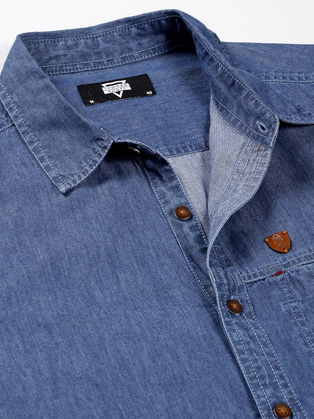 Thomas Scott Men Smart Slim Fit Spread Collar Pure Cotton Denim Casual Overdyed Shirt