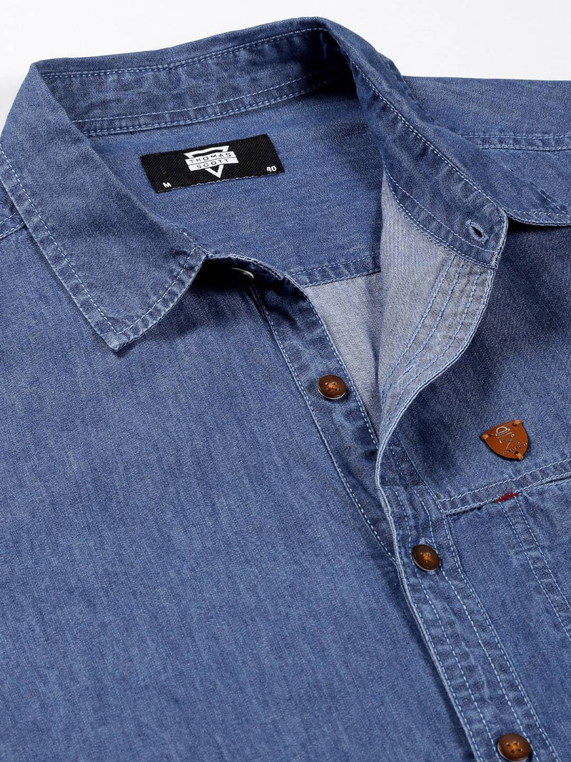 Thomas Scott Men Smart Slim Fit Spread Collar Pure Cotton Denim Casual Overdyed Shirt