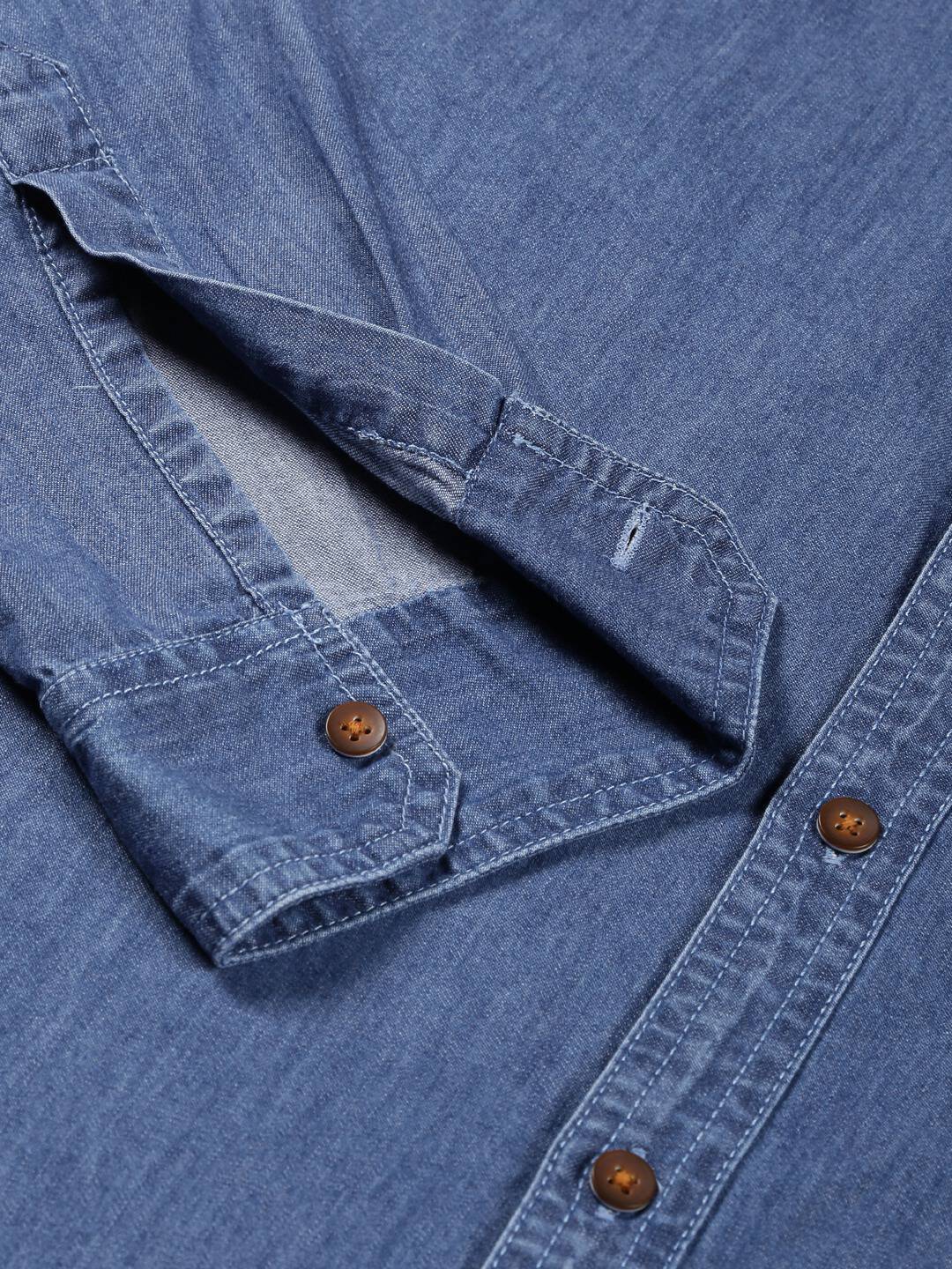 Thomas Scott Men Smart Slim Fit Spread Collar Pure Cotton Denim Casual Overdyed Shirt