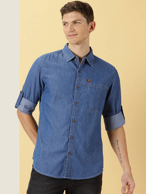 Thomas Scott Men Smart Slim Fit Spread Collar Pure Cotton Denim Casual Overdyed Shirt