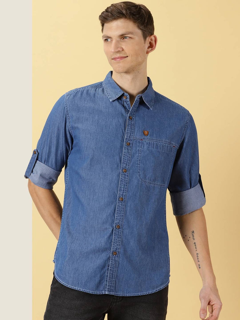 Thomas Scott Men Smart Slim Fit Spread Collar Pure Cotton Denim Casual Overdyed Shirt
