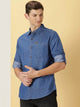 Mid Blue Smart Slim Fit Spread Collar Pure Cotton Denim Casual Overdyed Shirt For Men