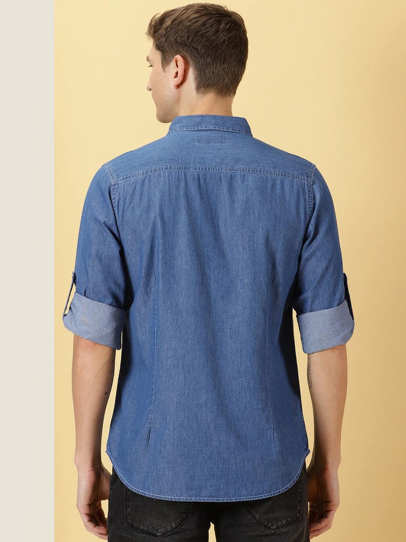 Thomas Scott Men Smart Slim Fit Spread Collar Pure Cotton Denim Casual Overdyed Shirt