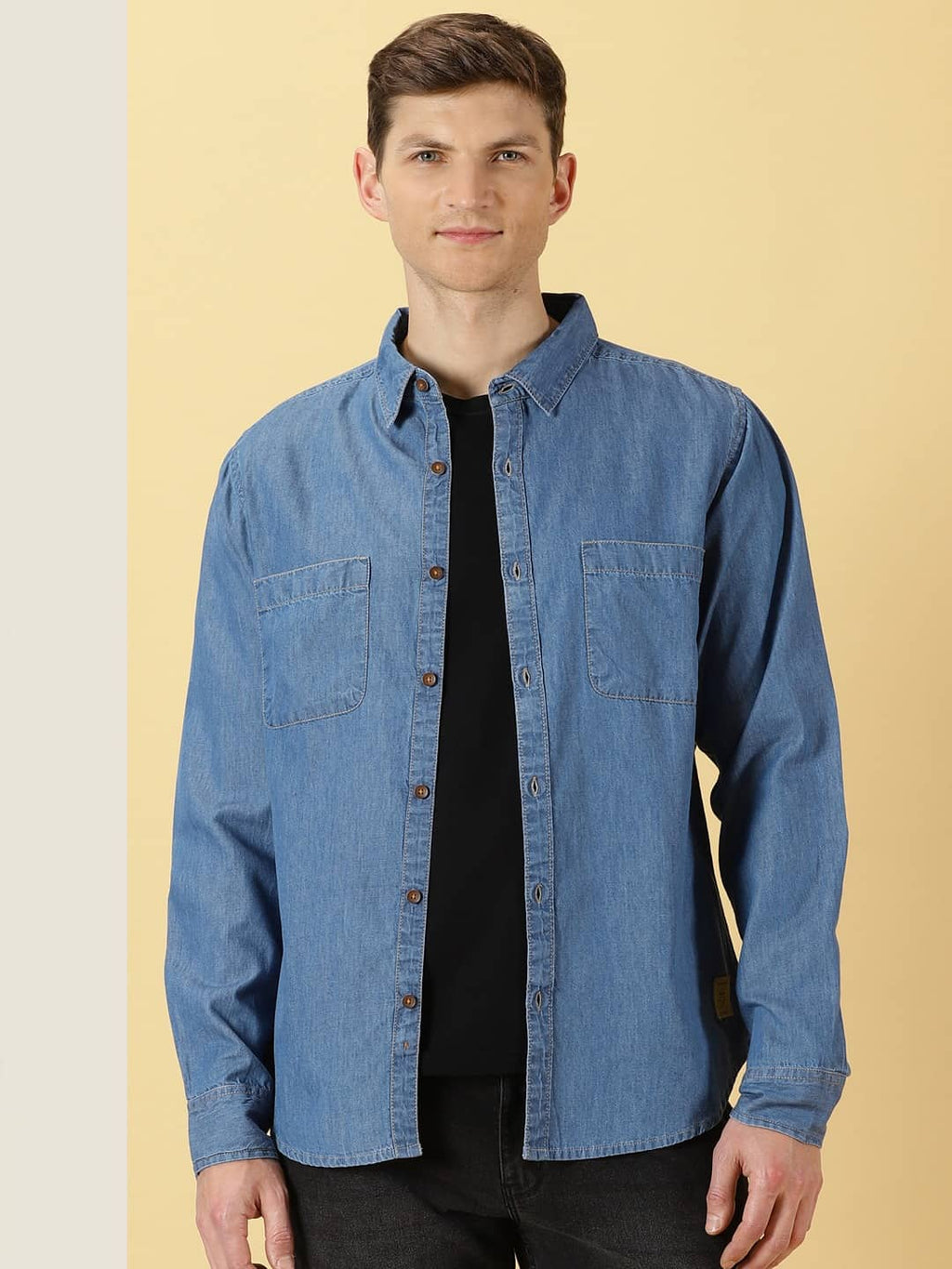 Thomas Scott Men Smart Slim Fit Denim Spread Collar Long Sleeves Cotton Casual Overdyed Shirt