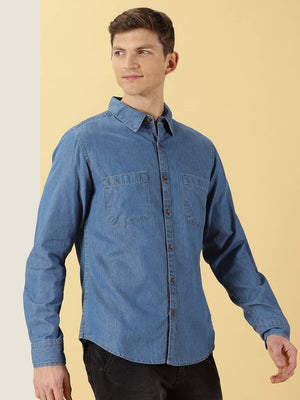Mid Blue Smart Slim Fit Denim Spread Collar Long Sleeves Cotton Casual Overdyed Shirt For Men