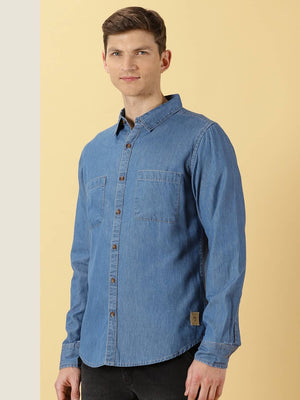 Mid Blue Smart Slim Fit Denim Spread Collar Long Sleeves Cotton Casual Overdyed Shirt For Men