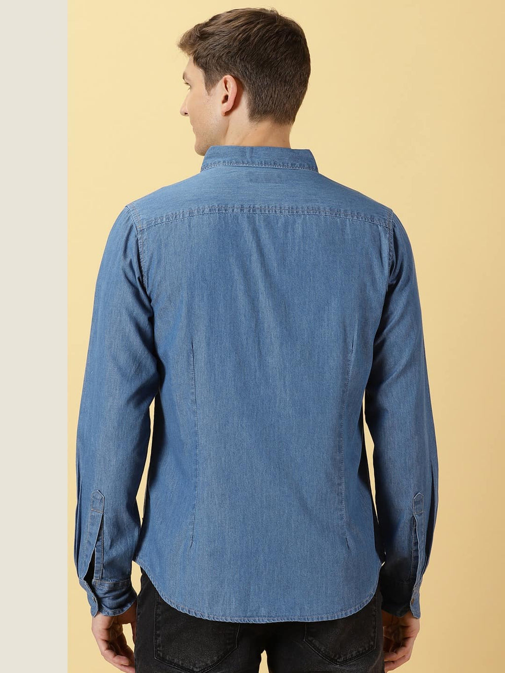 Thomas Scott Men Smart Slim Fit Denim Spread Collar Long Sleeves Cotton Casual Overdyed Shirt