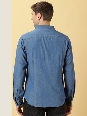 Mid Blue Smart Slim Fit Denim Spread Collar Long Sleeves Cotton Casual Overdyed Shirt For Men