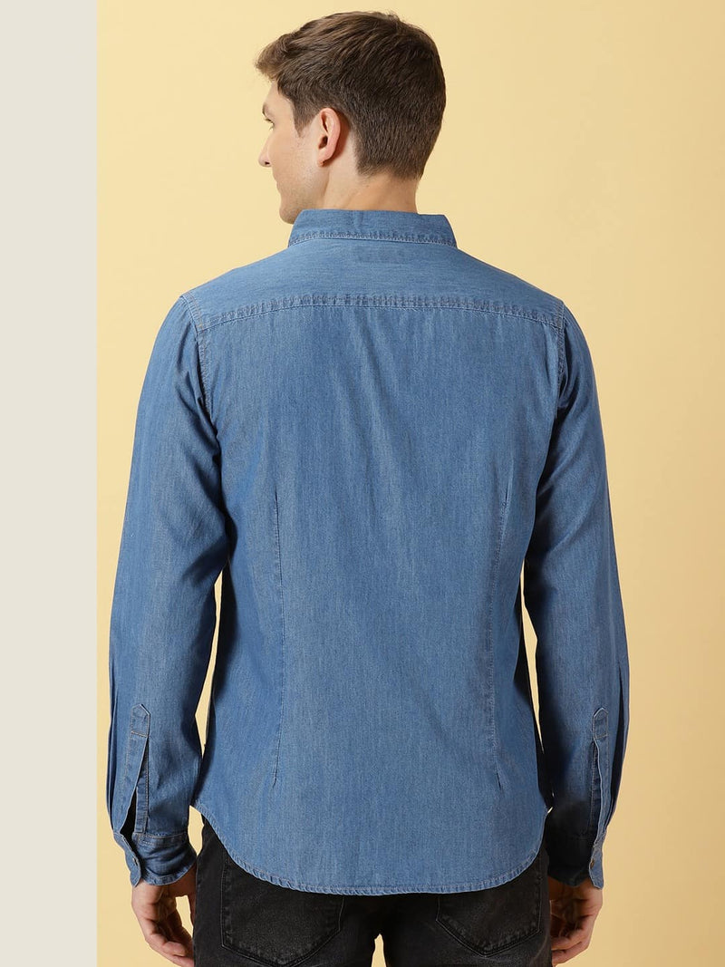 Thomas Scott Men Smart Slim Fit Denim Spread Collar Long Sleeves Cotton Casual Overdyed Shirt