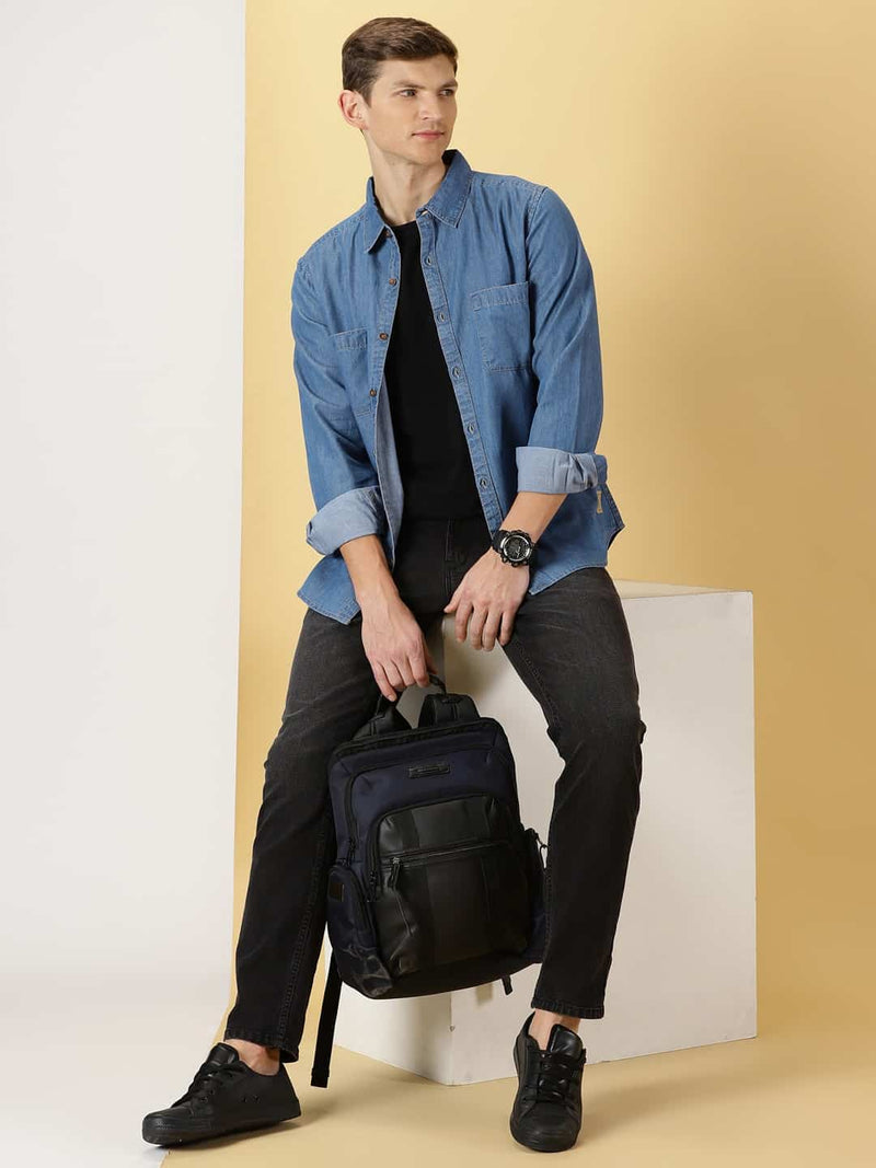 Thomas Scott Men Smart Slim Fit Denim Spread Collar Long Sleeves Cotton Casual Overdyed Shirt