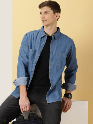 Mid Blue Smart Slim Fit Denim Spread Collar Long Sleeves Cotton Casual Overdyed Shirt For Men