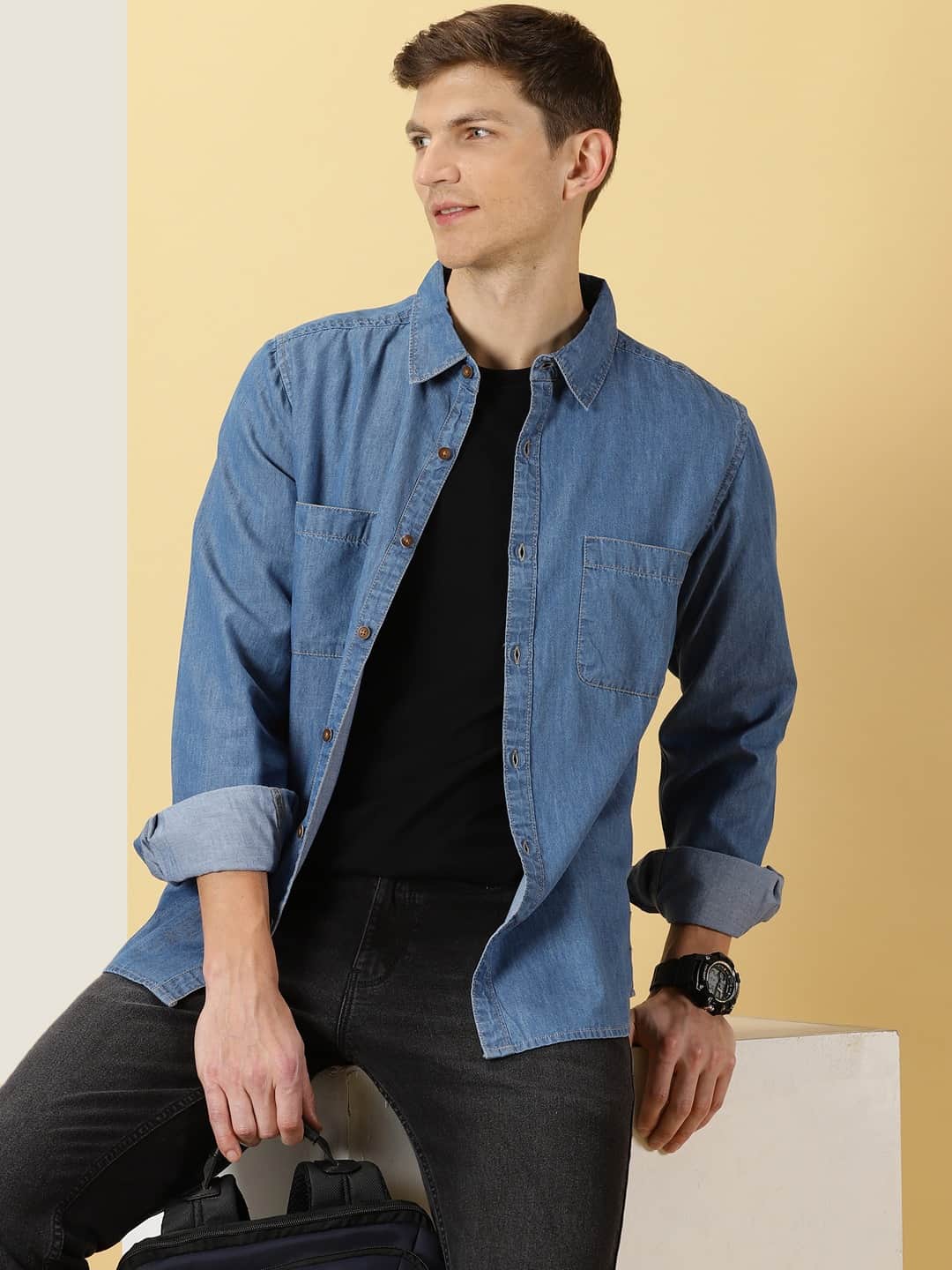 Thomas Scott Men Smart Slim Fit Denim Spread Collar Long Sleeves Cotton Casual Overdyed Shirt