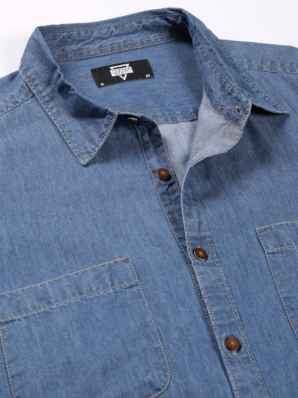 Thomas Scott Men Smart Slim Fit Denim Spread Collar Long Sleeves Cotton Casual Overdyed Shirt