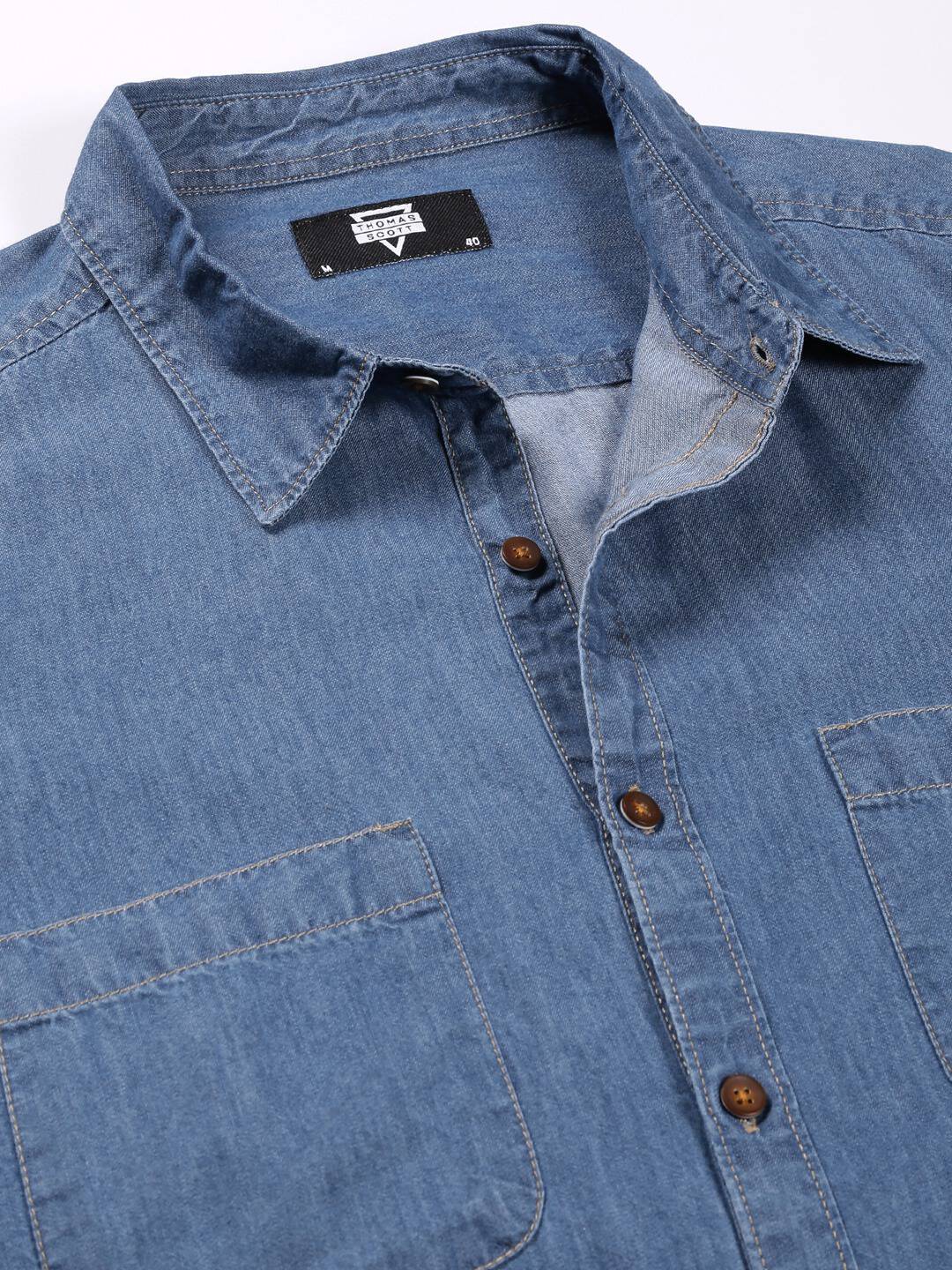 Thomas Scott Men Smart Slim Fit Denim Spread Collar Long Sleeves Cotton Casual Overdyed Shirt