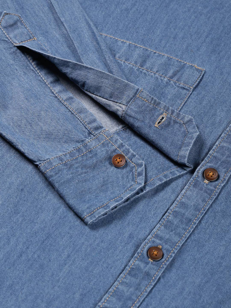 Thomas Scott Men Smart Slim Fit Denim Spread Collar Long Sleeves Cotton Casual Overdyed Shirt