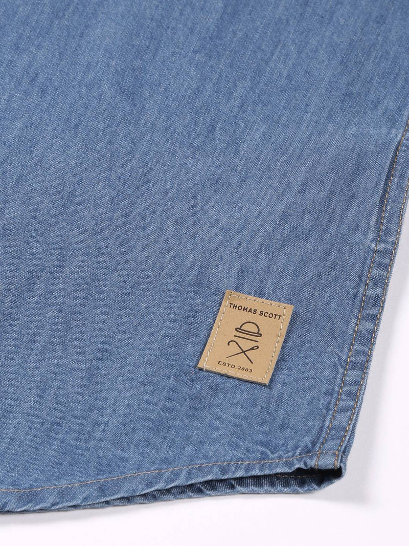 Thomas Scott Men Smart Slim Fit Denim Spread Collar Long Sleeves Cotton Casual Overdyed Shirt