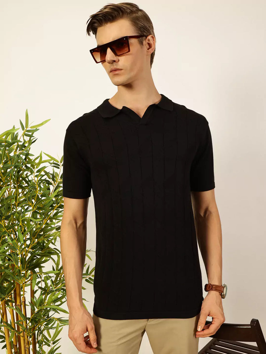 Thomas Scott Men Self Design Regular Fit Knitted Polo T-shirt
