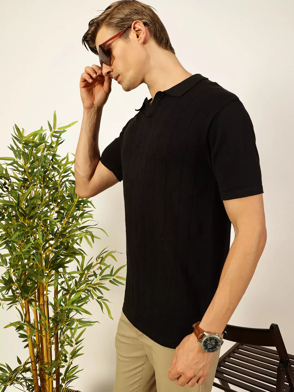 Thomas Scott Men Self Design Regular Fit Knitted Polo T-shirt