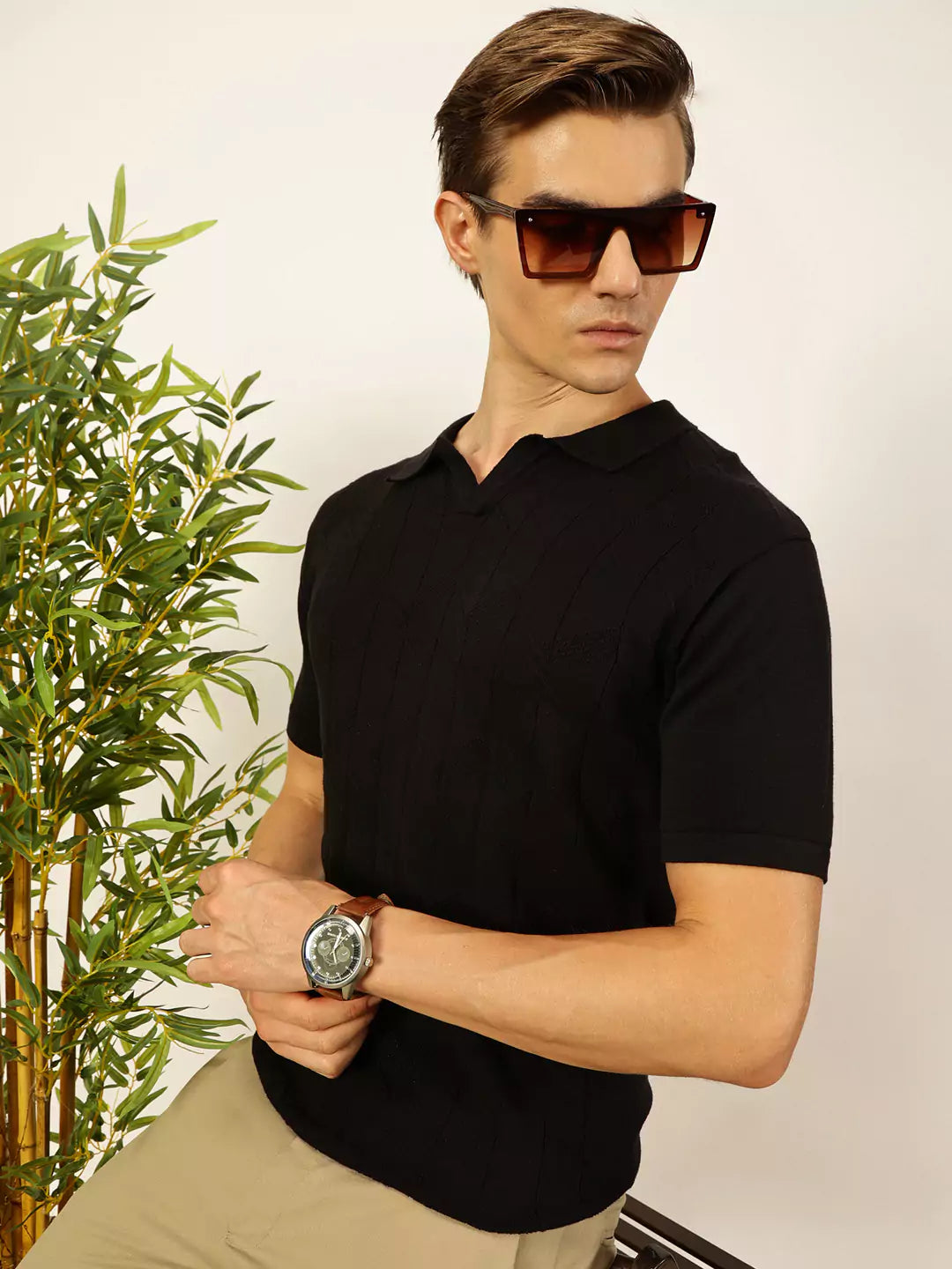 Thomas Scott Men Self Design Regular Fit Knitted Polo T-shirt