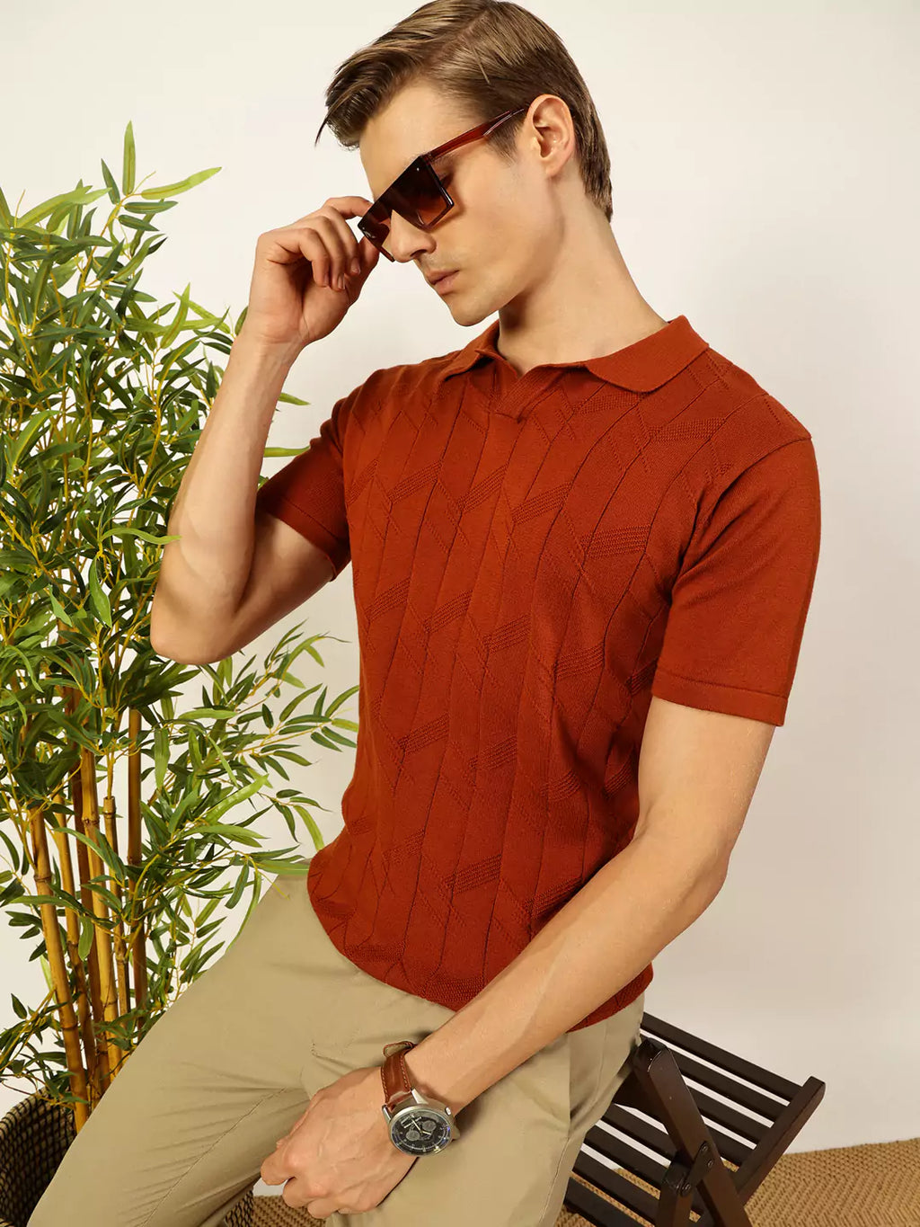 Thomas Scott Men Self Design Regular Fit Knitted Polo T-shirt