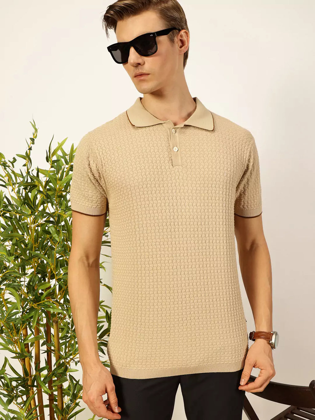 Thomas Scott Men Self Design Regular Fit Knitted Polo T-shirt