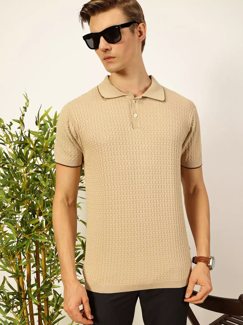 Thomas Scott Men Self Design Regular Fit Knitted Polo T-shirt