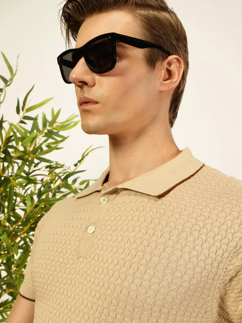 Thomas Scott Men Self Design Regular Fit Knitted Polo T-shirt