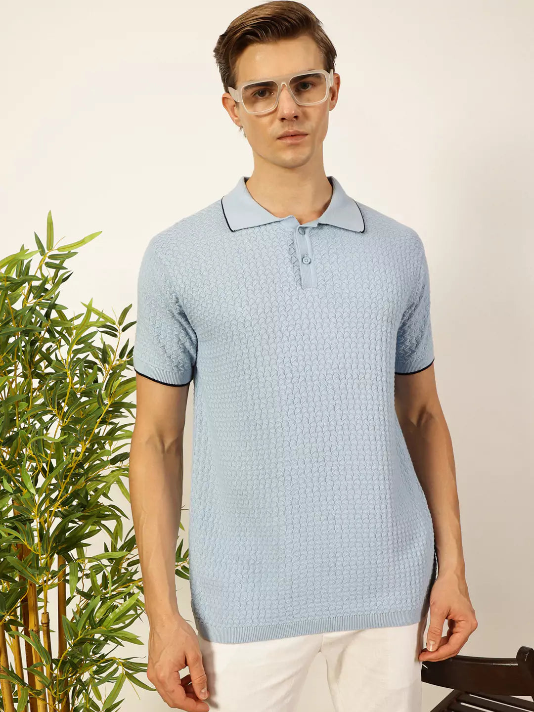 Thomas Scott Men Self Design Regular Fit Knitted Polo T-shirt