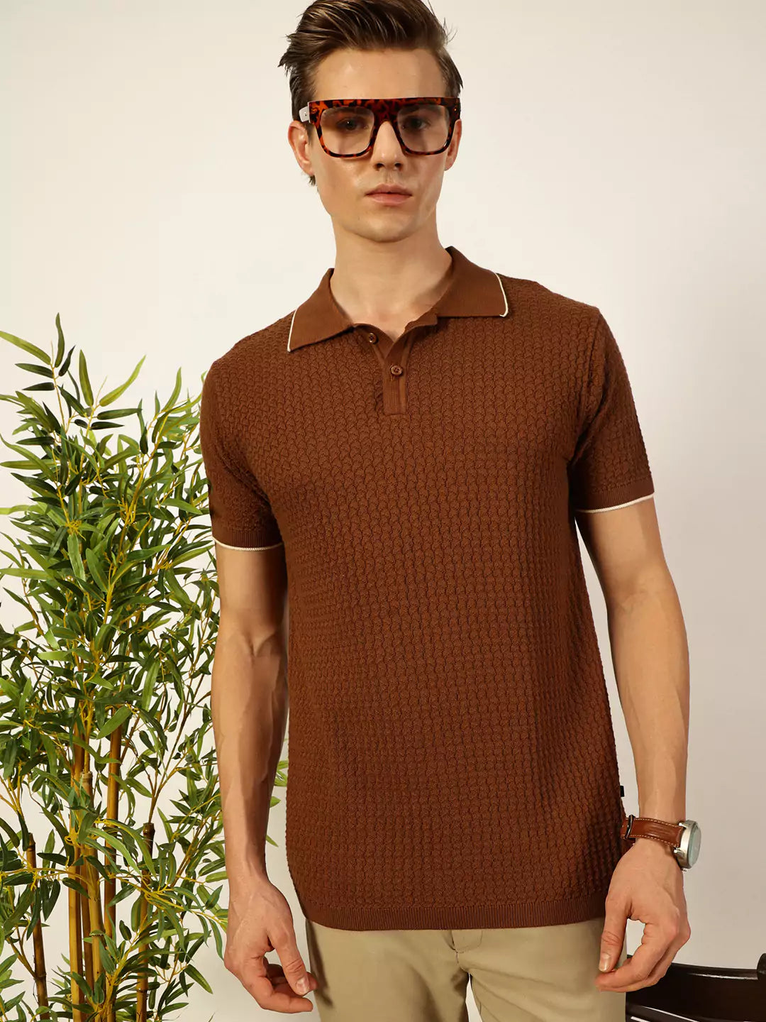 Thomas Scott Men Self Design Regular Fit Knitted Polo T-shirt
