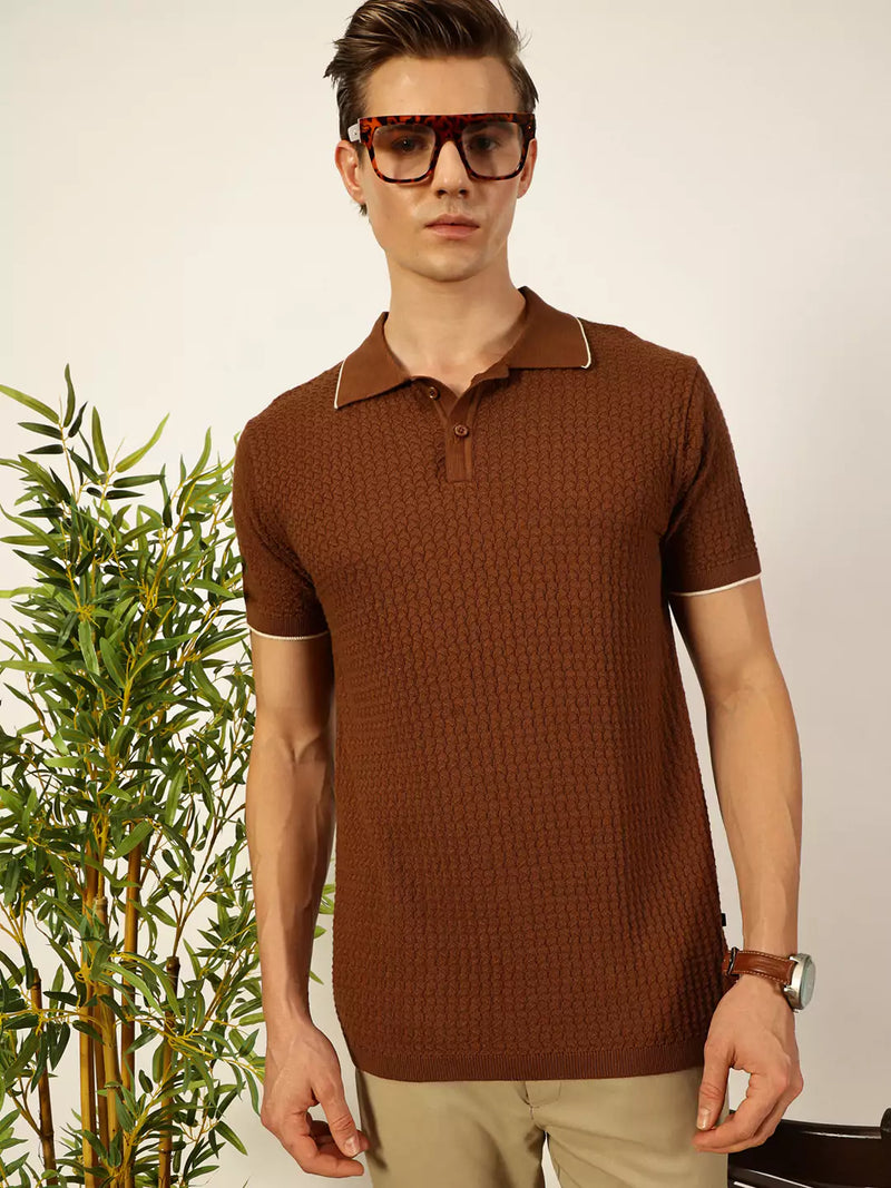 Thomas Scott Men Self Design Regular Fit Knitted Polo T-shirt