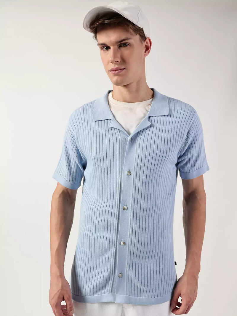 Thomas Scott Men Premium Cuban Collar Textured Cotton Casual Shirt