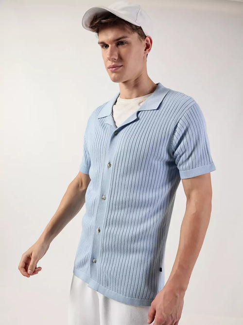 Thomas Scott Men Premium Cuban Collar Textured Cotton Casual Shirt