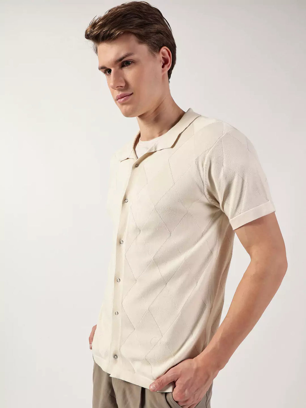Thomas Scott Men Premium Spread Collar Textured Cotton Casual Shirt
