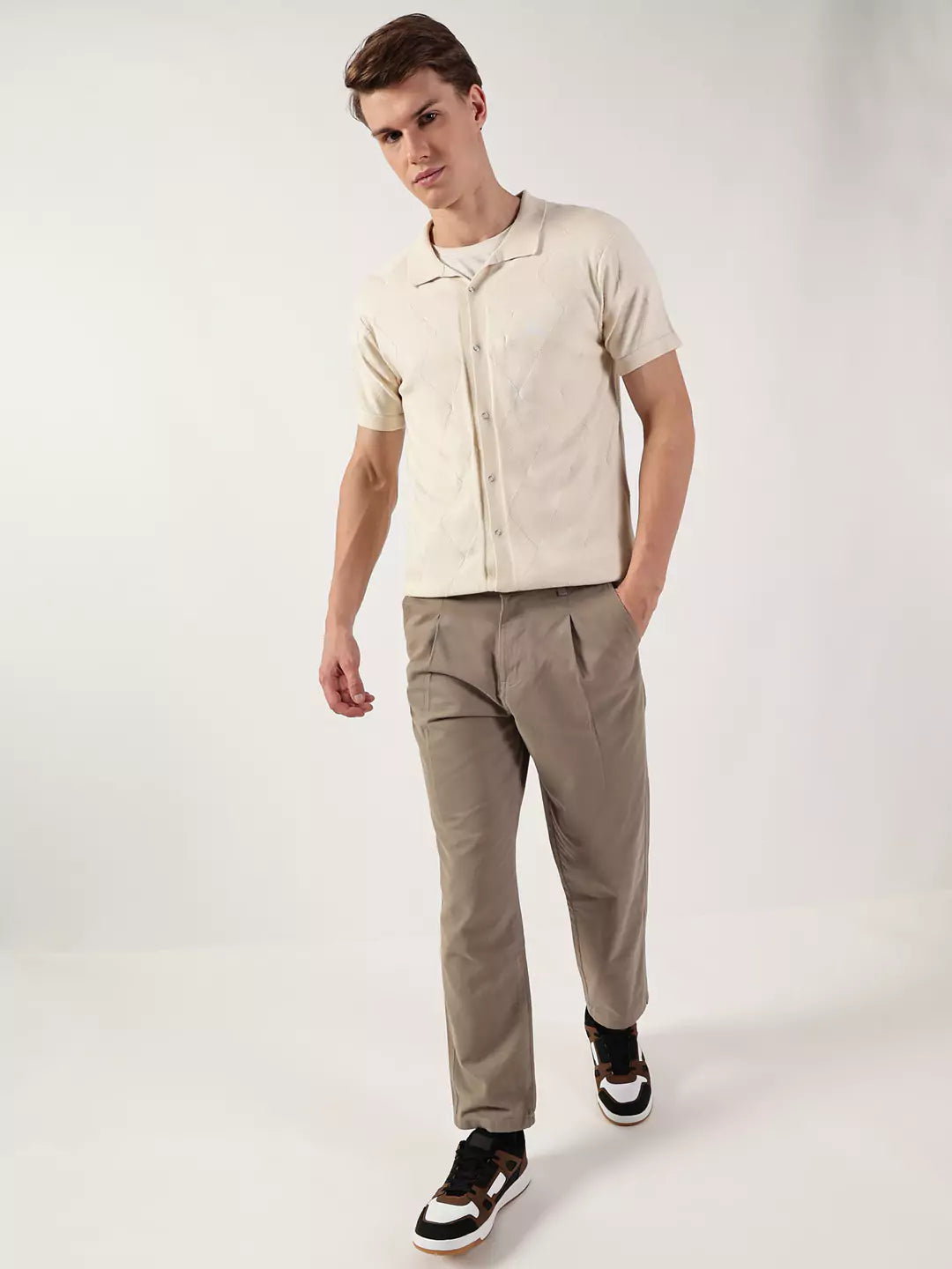 Thomas Scott Men Premium Spread Collar Textured Cotton Casual Shirt