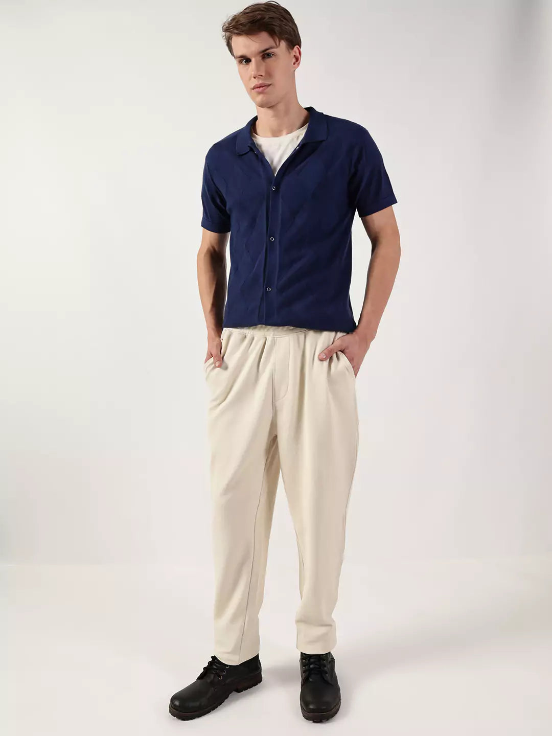 Thomas Scott Men Premium Spread Collar Textured Cotton Casual Shirt