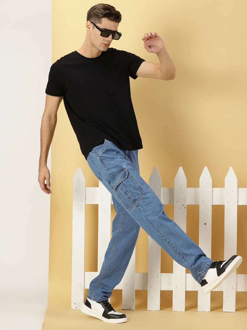 Thomas Scott Men Mid Rise Loose Relaxed Fit Clean Look Light Fade Cotton Jeans