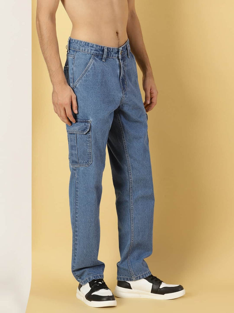 Thomas Scott Men Mid Rise Loose Relaxed Fit Clean Look Light Fade Cotton Jeans