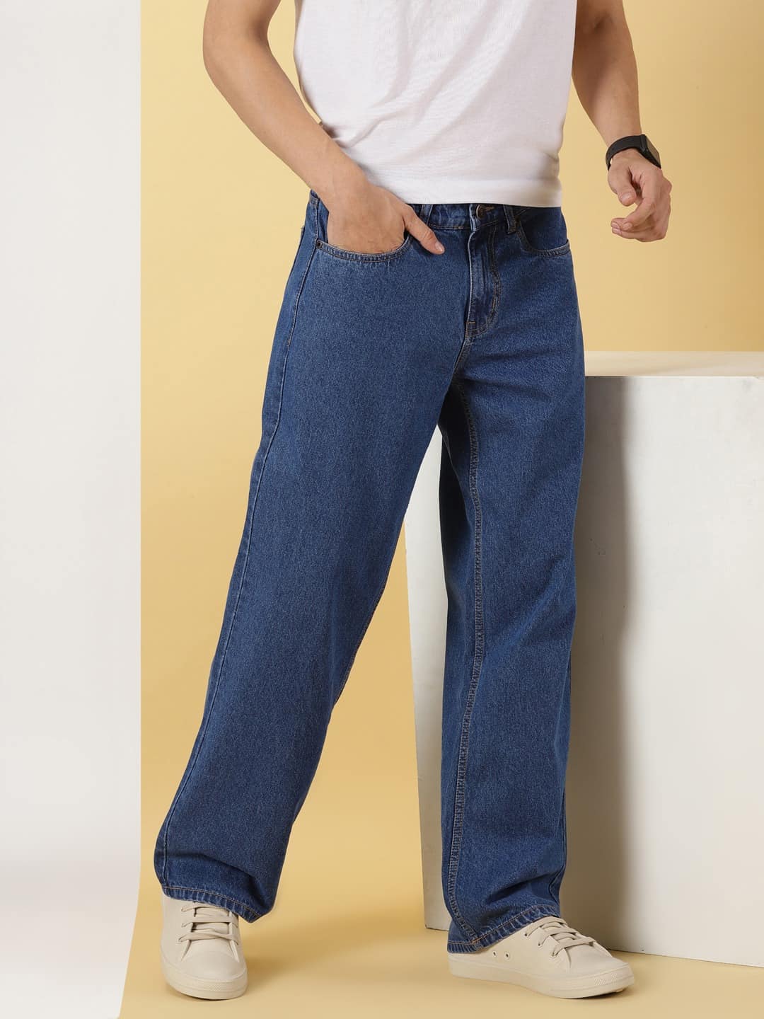 Thomas Scott Men Mid Rise Comfort Relaxed Fit Clean Look Cotton Baggy Jeans