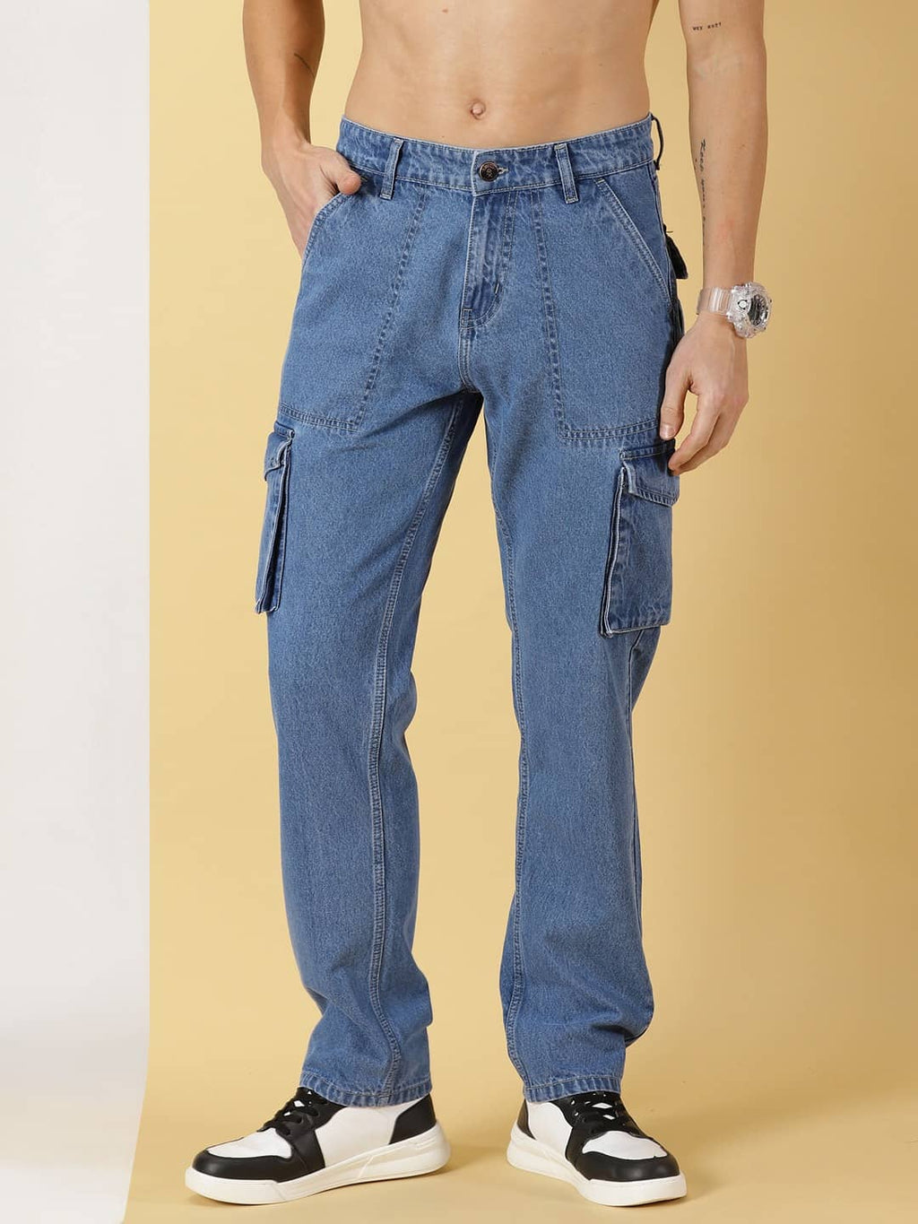 Thomas Scott Men Comfort Relaxed Fit Clean Look Light Fade Pure Cotton Cargo Jeans