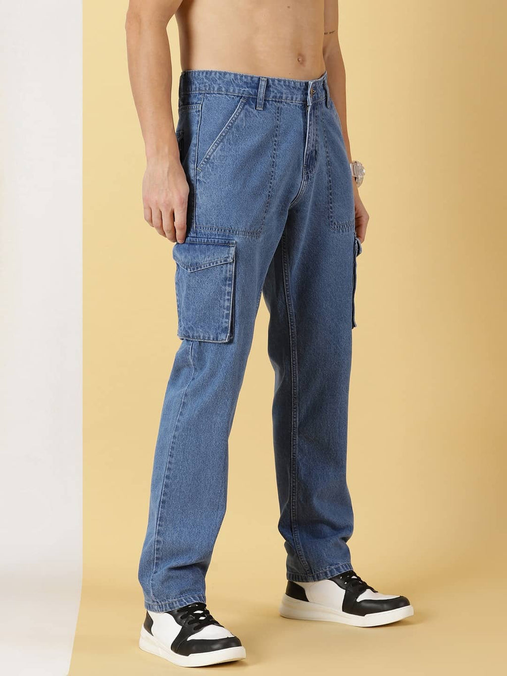 Thomas Scott Men Comfort Relaxed Fit Clean Look Light Fade Pure Cotton Cargo Jeans