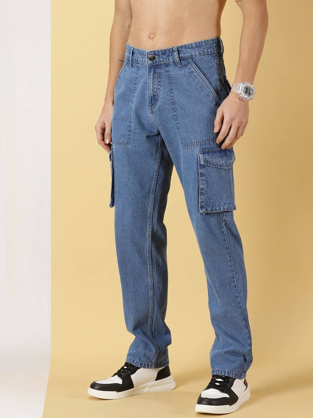 Thomas Scott Men Comfort Relaxed Fit Clean Look Light Fade Pure Cotton Cargo Jeans