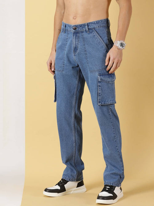Thomas Scott Men Comfort Relaxed Fit Clean Look Light Fade Pure Cotton Cargo Jeans