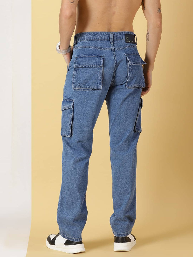 Thomas Scott Men Comfort Relaxed Fit Clean Look Light Fade Pure Cotton Cargo Jeans