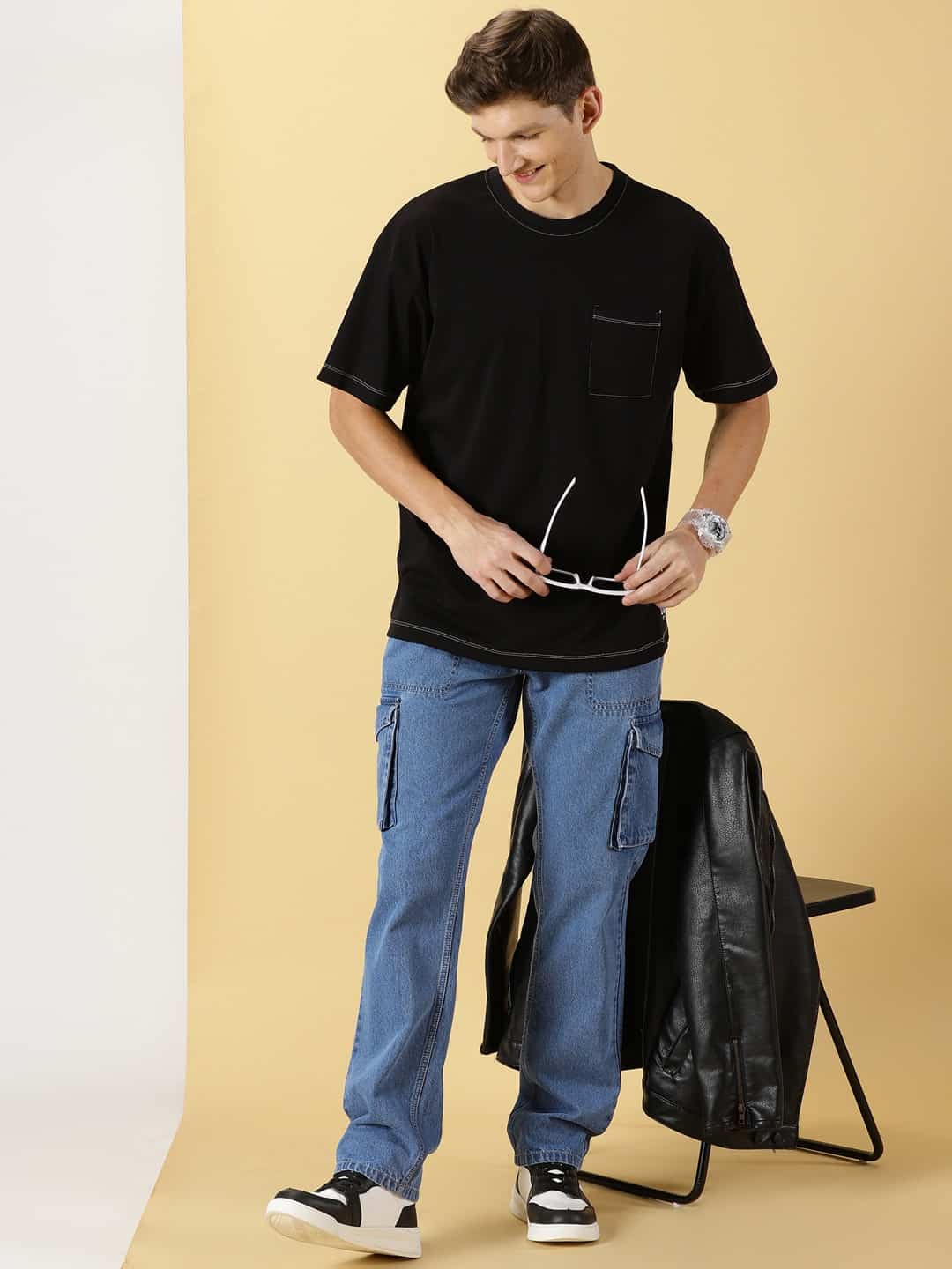 Thomas Scott Men Comfort Relaxed Fit Clean Look Light Fade Pure Cotton Cargo Jeans