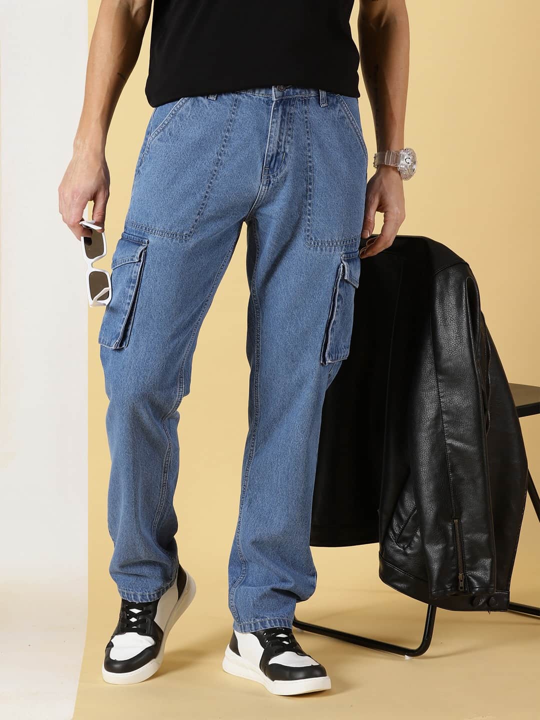 Thomas Scott Men Comfort Relaxed Fit Clean Look Light Fade Pure Cotton Cargo Jeans