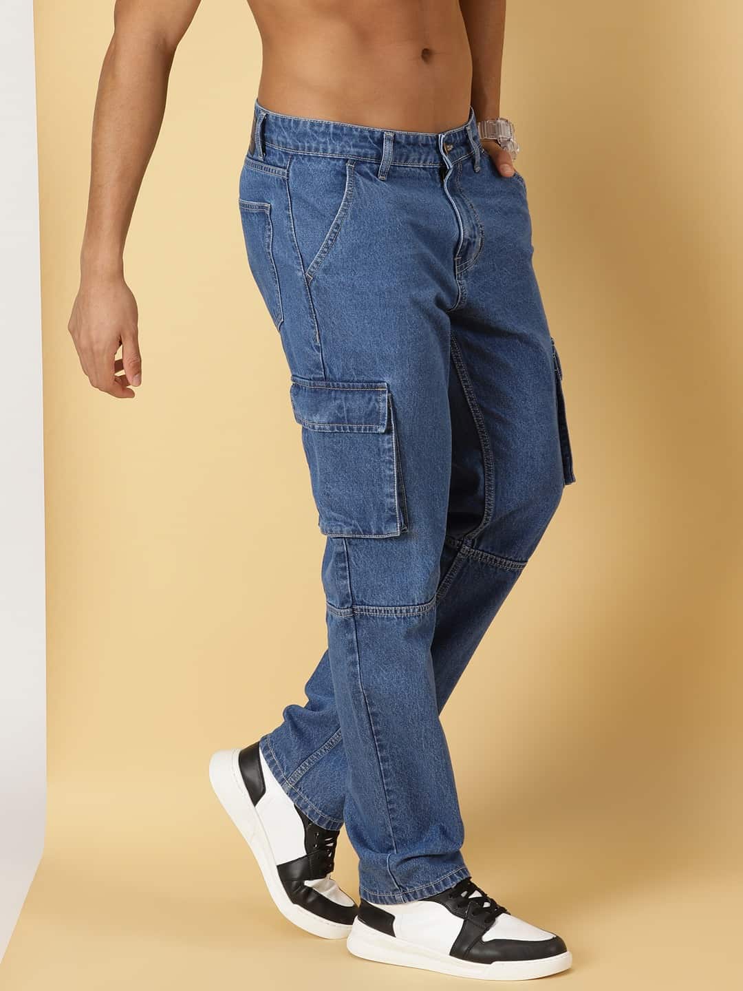 Thomas Scott Men Mid-Rise Smart Relaxed Fit Light Fade Cargo Style Pure Cotton Jeans