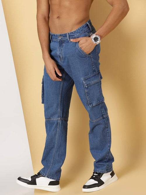 Thomas Scott Men Mid-Rise Smart Relaxed Fit Light Fade Cargo Style Pure Cotton Jeans