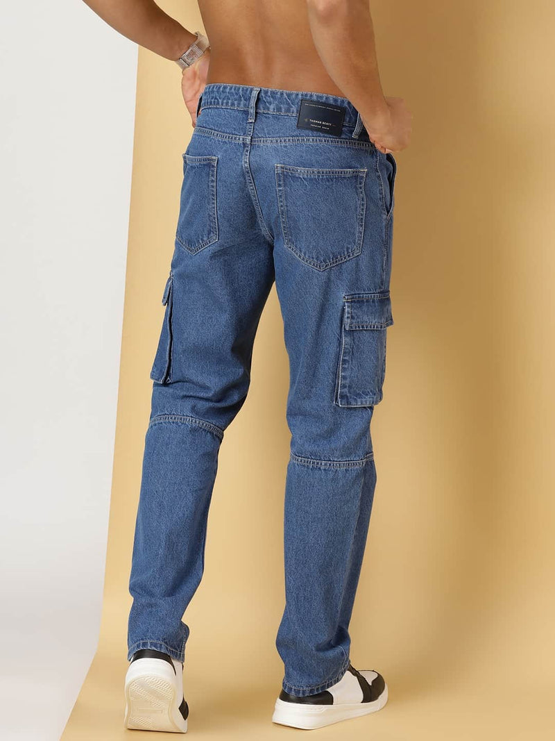 Thomas Scott Men Mid-Rise Smart Relaxed Fit Light Fade Cargo Style Pure Cotton Jeans